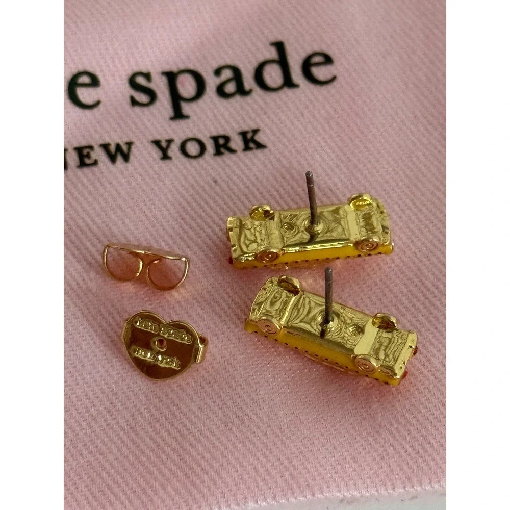 Kate Spade New York Yellow Taxi Cab Stud Earrings Gold Tone Enamel NYC Novelty